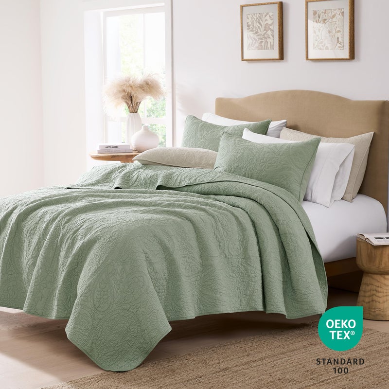 PALASSIO Sage Green Paisley 100% Cotton Quilt Queen Size Bedding Set with 2 Pillow Shams, Boho Floral Lightweight Farmhouse Country Vintage Soft Bedspread Shabby Chic Coverlet for All Season, 3 Pieces - Image 2