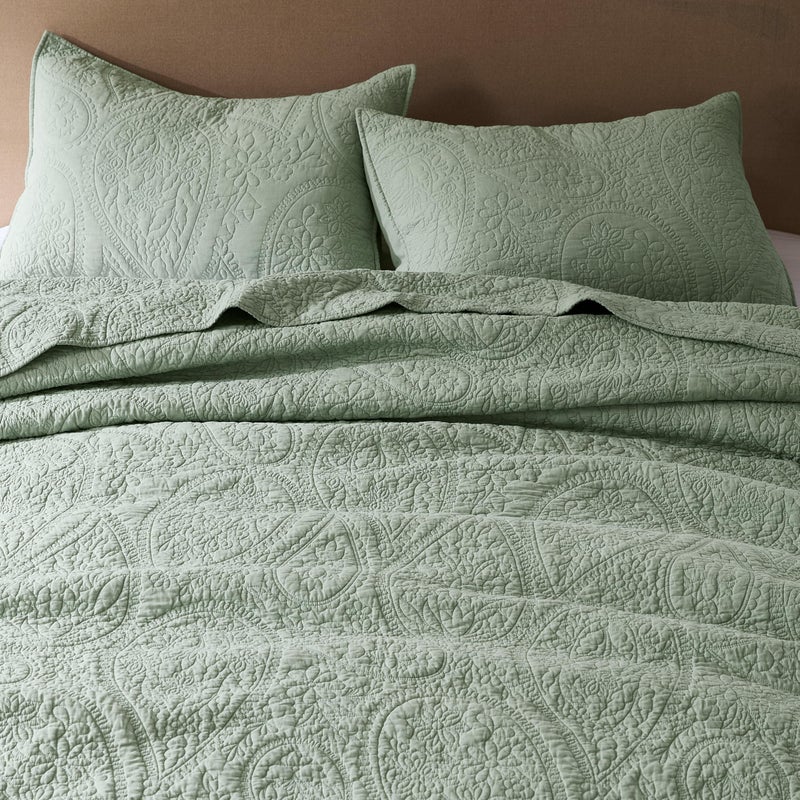 PALASSIO Sage Green Paisley 100% Cotton Quilt Queen Size Bedding Set with 2 Pillow Shams, Boho Floral Lightweight Farmhouse Country Vintage Soft Bedspread Shabby Chic Coverlet for All Season, 3 Pieces - Image 3