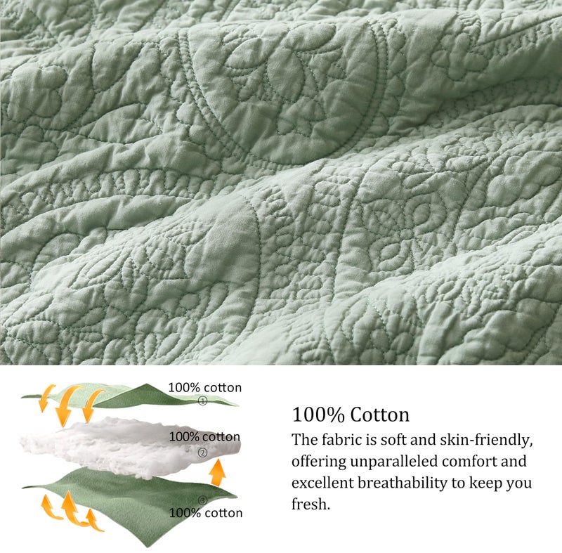 PALASSIO Sage Green Paisley 100% Cotton Quilt Queen Size Bedding Set with 2 Pillow Shams, Boho Floral Lightweight Farmhouse Country Vintage Soft Bedspread Shabby Chic Coverlet for All Season, 3 Pieces - Image 4