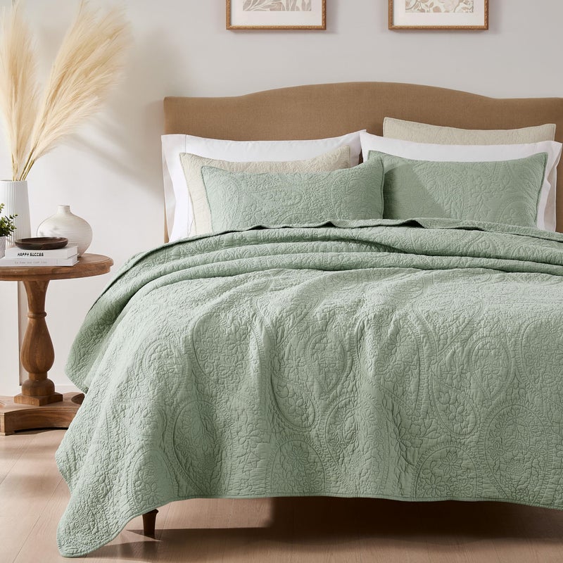 PALASSIO Sage Green Paisley 100% Cotton Quilt Queen Size Bedding Set with 2 Pillow Shams, Boho Floral Lightweight Farmhouse Country Vintage Soft Bedspread Shabby Chic Coverlet for All Season, 3 Pieces - Image 1