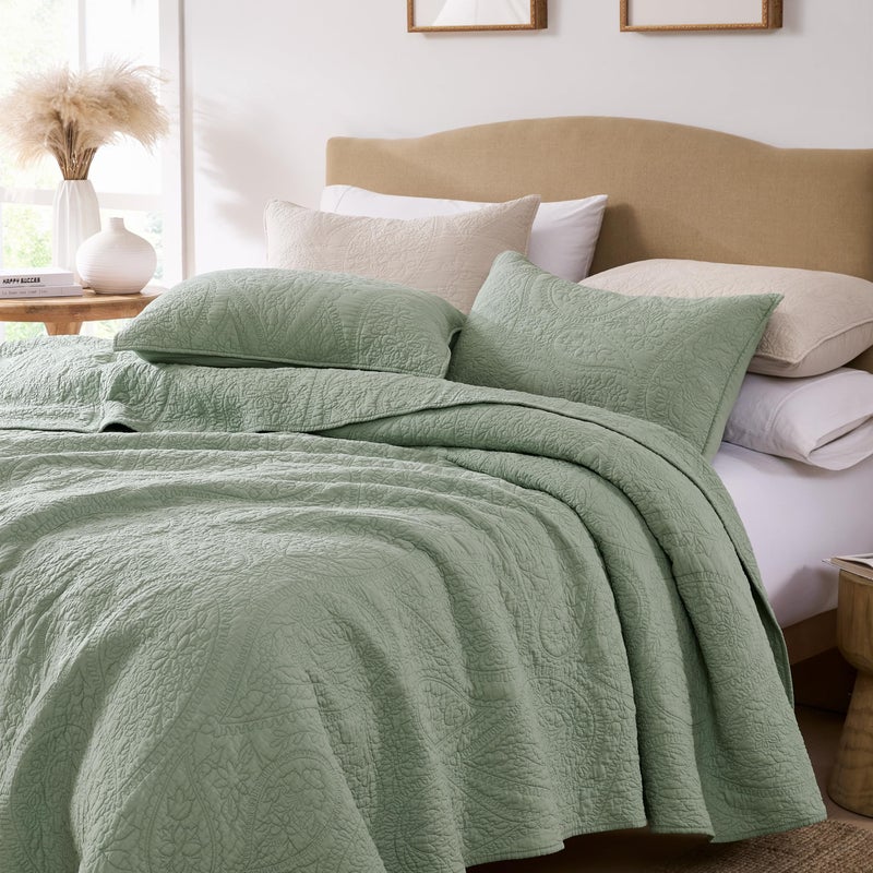 PALASSIO Sage Green Paisley 100% Cotton Quilt Queen Size Bedding Set with 2 Pillow Shams, Boho Floral Lightweight Farmhouse Country Vintage Soft Bedspread Shabby Chic Coverlet for All Season, 3 Pieces - Image 5
