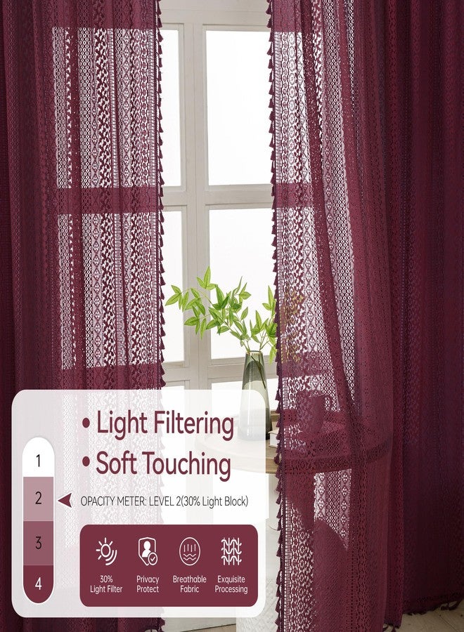 WAZZIO Burgundy Sheer Curtains 84 Inches Long 2 Panel Cotton Blend Crochet Lace Curtain Tassel Rod Pocket Semi Sheer Light Filtering Boho Curtains for Bedroom Living Room Window Drapes Maroon Red - Image 4