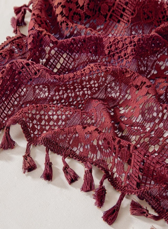 WAZZIO Burgundy Sheer Curtains 84 Inches Long 2 Panel Cotton Blend Crochet Lace Curtain Tassel Rod Pocket Semi Sheer Light Filtering Boho Curtains for Bedroom Living Room Window Drapes Maroon Red - Image 5