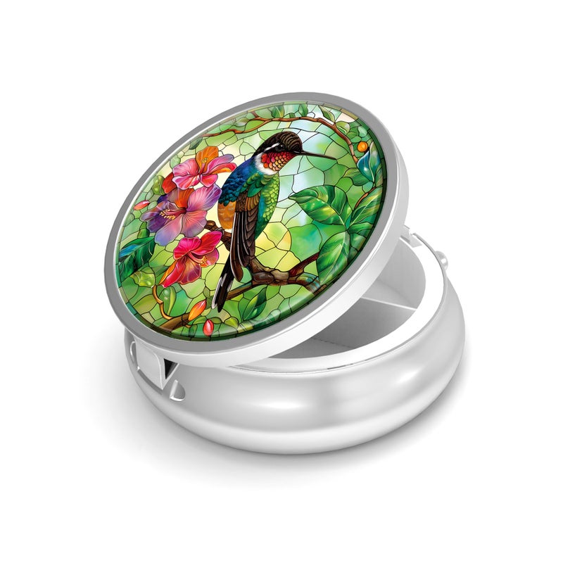 VANCANYOHO Pill Box-3 Compartment Small Pill Case for Purse & Pocket Mini Metal Pill Holder Travel Pill Container to Hold Supplements Vitamins BPA-Free (Hummingbird) - Image 1