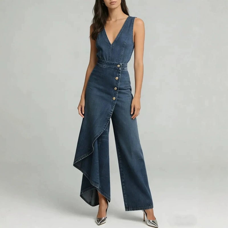 2026 Women'S Clothing Independent Site Printed Faux Denim Fashion V-Neck Sleeveless Women'S Jumpsuit - Image 2