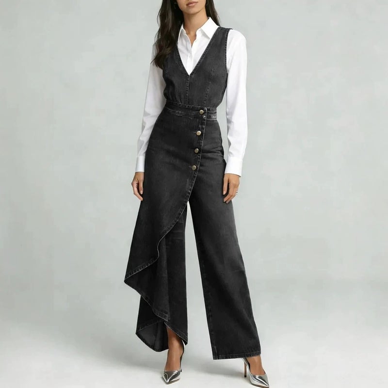 2026 Women'S Clothing Independent Site Printed Faux Denim Fashion V-Neck Sleeveless Women'S Jumpsuit - Image 5