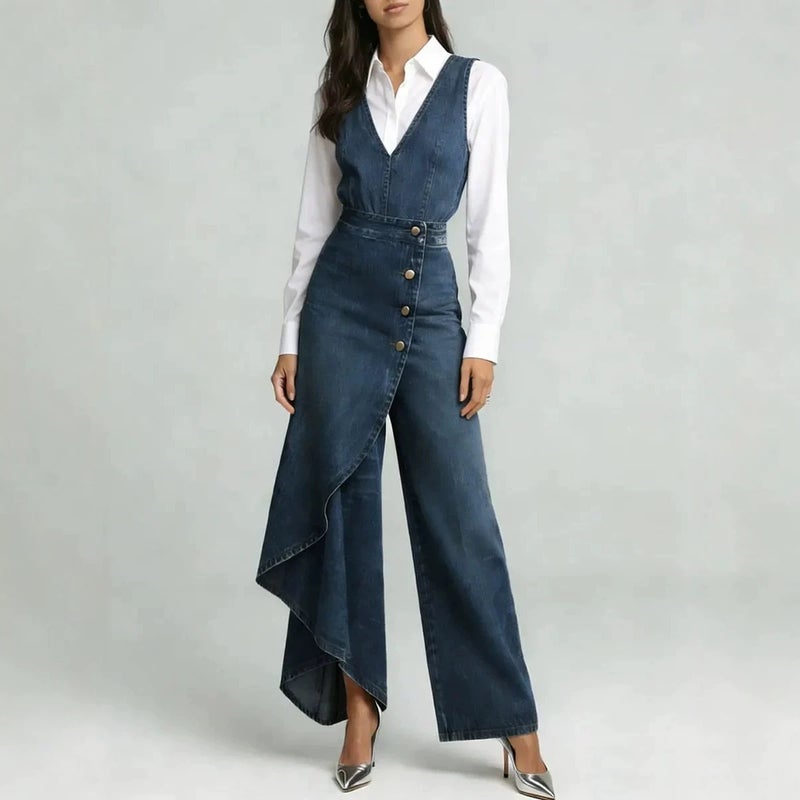 2026 Women'S Clothing Independent Site Printed Faux Denim Fashion V-Neck Sleeveless Women'S Jumpsuit - Image 3
