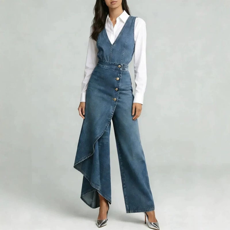 2026 Women'S Clothing Independent Site Printed Faux Denim Fashion V-Neck Sleeveless Women'S Jumpsuit - Image 4