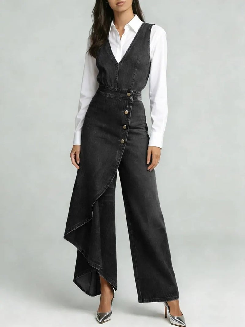 2026 Women'S Clothing Independent Site Printed Faux Denim Fashion V-Neck Sleeveless Women'S Jumpsuit - Image 1