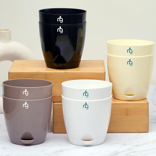 Nurturing Green® Combo of 8 Self Watering Flower Pots for Plants | Plastic Plant Pots | Planter Pots for Home, Room,Garden (Color: Ivory, Black, Mocha & White, Size: 11.5cm x 11cm Each) - Image 1