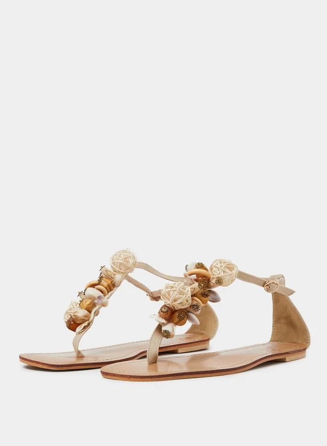 Styli Beige Embellished Flat Sandals