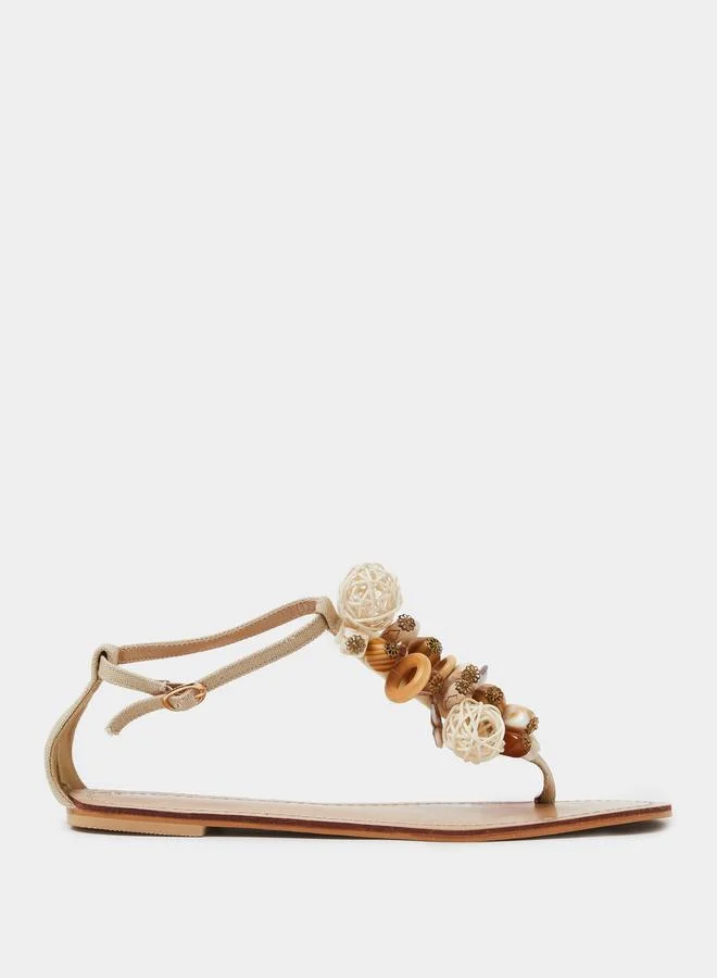 Styli Beige Embellished Flat Sandals