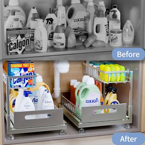 Saydear Under Sink Organizer Storage 2Tier Premium Metal PullOut Kitchen Cabinet Organizer with Sliding Drawer Height Adjustable Heavy Duty for Kitchen Bathroom Organizers 1 Pack Grey - Image 3