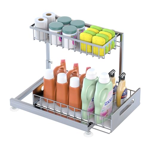 Saydear Under Sink Organizer Storage 2Tier Premium Metal PullOut Kitchen Cabinet Organizer with Sliding Drawer Height Adjustable Heavy Duty for Kitchen Bathroom Organizers 1 Pack Grey - Image 1