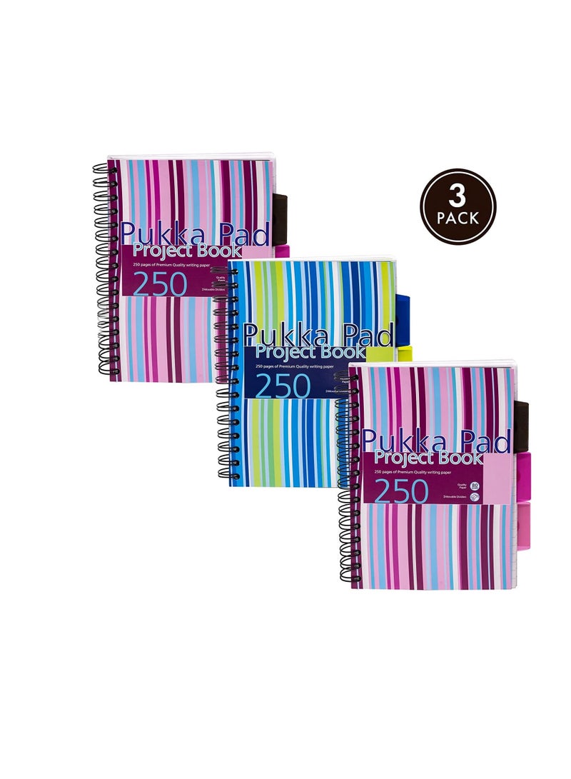 Pukka Pad, A5 Striped Project Notebook 3-Pack - 21 x 14.9cm - Wirebound Notebook with 8mm Feint Ruled Lines on 80GSM Paper – Includes 3 Repositionable Dividers with Storage Pockets - 250 Pages - Image 1