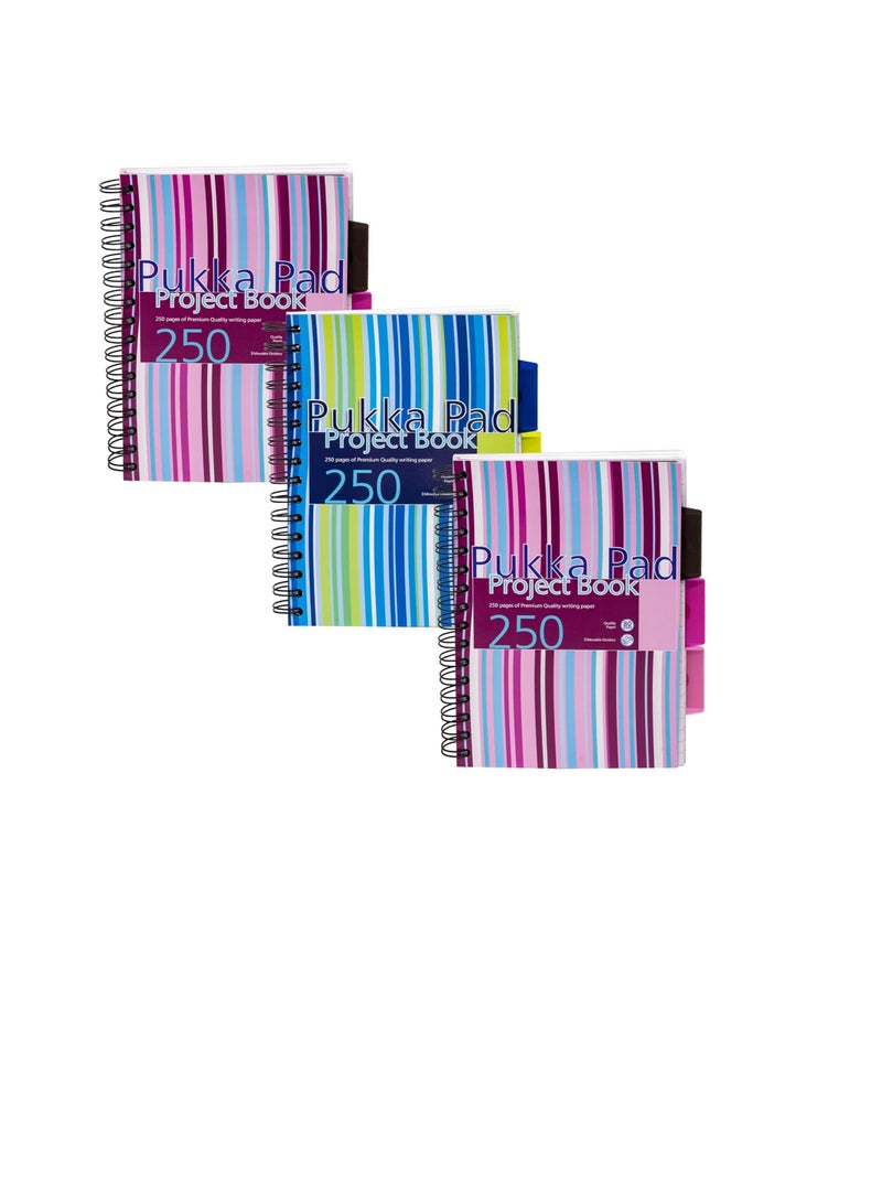 Pukka Pad, A5 Striped Project Notebook 3-Pack - 21 x 14.9cm - Wirebound Notebook with 8mm Feint Ruled Lines on 80GSM Paper – Includes 3 Repositionable Dividers with Storage Pockets - 250 Pages - Image 2