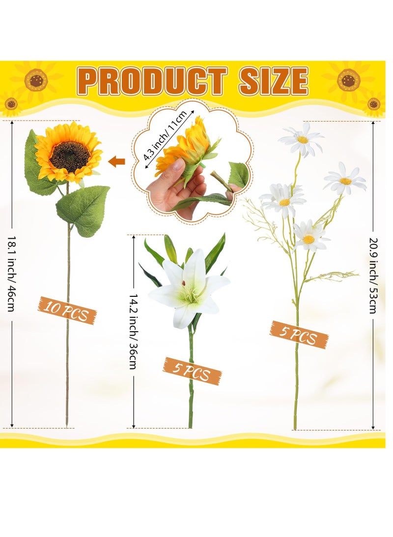 Excefore 20 Pcs Artificial Sunflower Bouquets Faux Flowers Bouquet Latex Lilies Silk Daisy Sunflowers Spring Flower Arrangement for Wedding Party Decor Mother's Day Table Centerpiece Home Decoration - Image 2