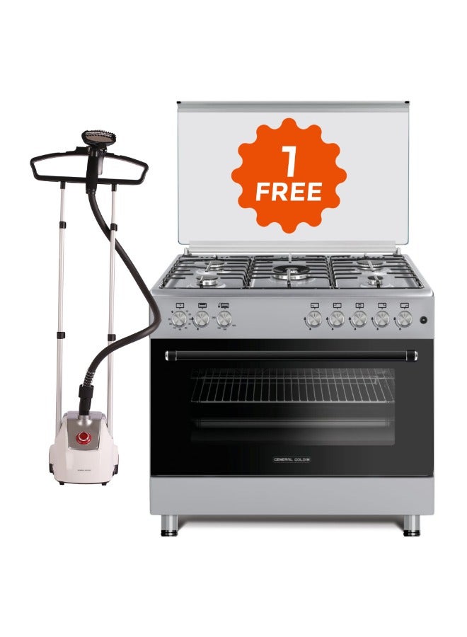 General Goldin 90x60cm 5 Gas Burner, Iron Cast Stand, Total Safety, Auto Burn, 2 Layer Oven Door, Timer with Led light With General Goldin Starway 2.5 Lt Garment Ironing Steamer, 2000 W, Adjustable Stand , Suit Hanger, Silver - Image 1