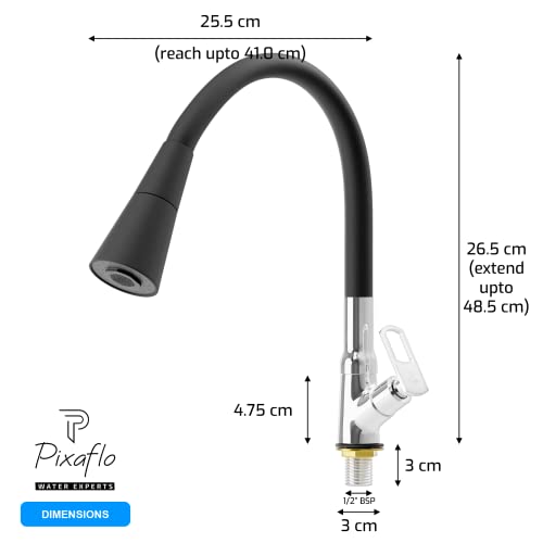 Pixaflo Brass Swan Neck Tap with 360-degree Swivel Black Flexible Silicone Swivel Spout for Kitchen Sink and Wash Basin, Dual Flow (Cassia) - Image 5