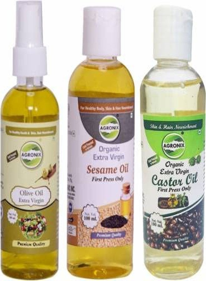 Agronix Pure Hydraulic Cold Press Extra Virgin Combo of Castor, Sesame & Olive Oil for Hair & Skin (100 ML Each) - Image 1
