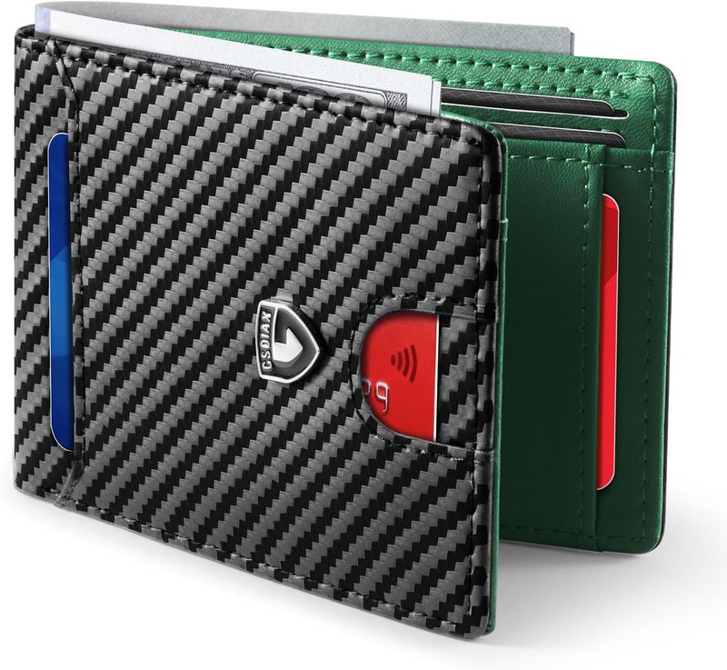 GSOIAX Slim Wallet for Men RFID Blocking Bifold Wallet Carbon Fiber Front Pocket Wallet with 11 Card Holders Minimalist Mens Wallet Comes with Gift Box, Carbon Fiber Green, 4.3 x 3 x 0.5 inches, Slim - Image 1