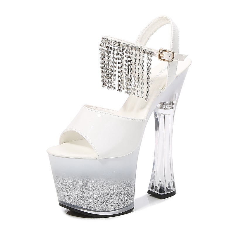 Crystal Transparent High Heel Shoes Thick Heel Open Toe Tassel Waterproof Platform Strap High Heel Sandals - Image 1