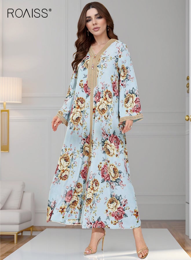 roaiss Women's V-neck Maxi Dress, Long Bell Sleeves with Ethnic Flair, Loose-Fitting Polyester Fabric with Drapey Texture, Printed Colorful Dress, M-XL - Image 1