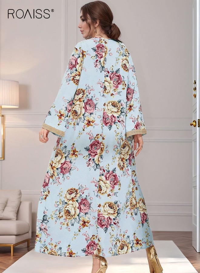 roaiss Women's V-neck Maxi Dress, Long Bell Sleeves with Ethnic Flair, Loose-Fitting Polyester Fabric with Drapey Texture, Printed Colorful Dress, M-XL - Image 3