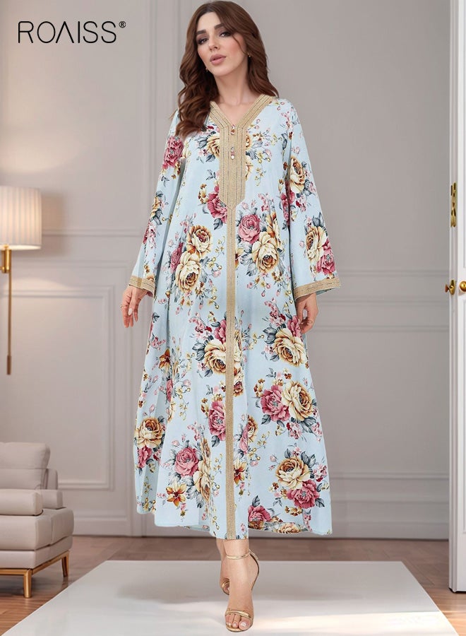 roaiss Women's V-neck Maxi Dress, Long Bell Sleeves with Ethnic Flair, Loose-Fitting Polyester Fabric with Drapey Texture, Printed Colorful Dress, M-XL - Image 2