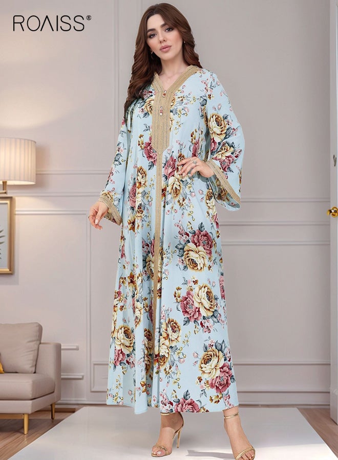 roaiss Women's V-neck Maxi Dress, Long Bell Sleeves with Ethnic Flair, Loose-Fitting Polyester Fabric with Drapey Texture, Printed Colorful Dress, M-XL - Image 4