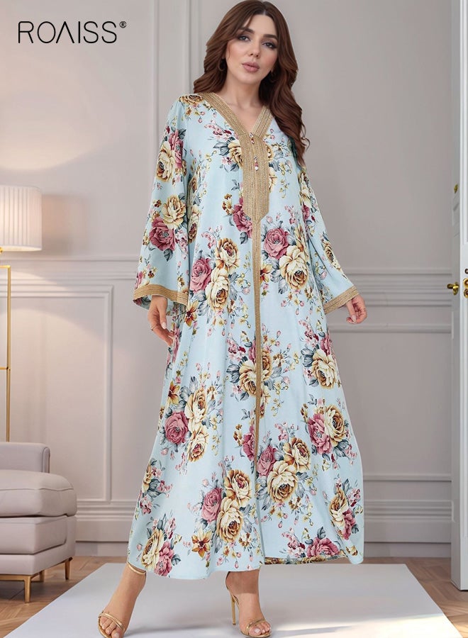 roaiss Women's V-neck Maxi Dress, Long Bell Sleeves with Ethnic Flair, Loose-Fitting Polyester Fabric with Drapey Texture, Printed Colorful Dress, M-XL - Image 5