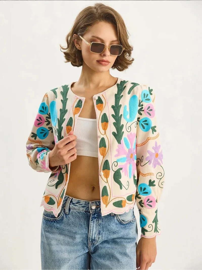 Bianco Lucci Cream Natural LUCCI Floral Print Jacket for Women | Best Price UAE