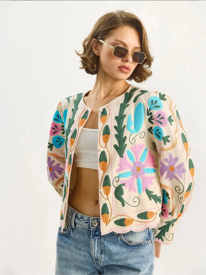 Bianco Lucci Cream Natural LUCCI Floral Print Jacket for Women | Best Price UAE