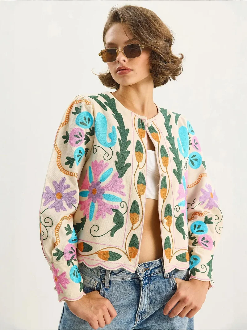 Bianco Lucci Cream Natural LUCCI Floral Print Jacket for Women | Best Price UAE