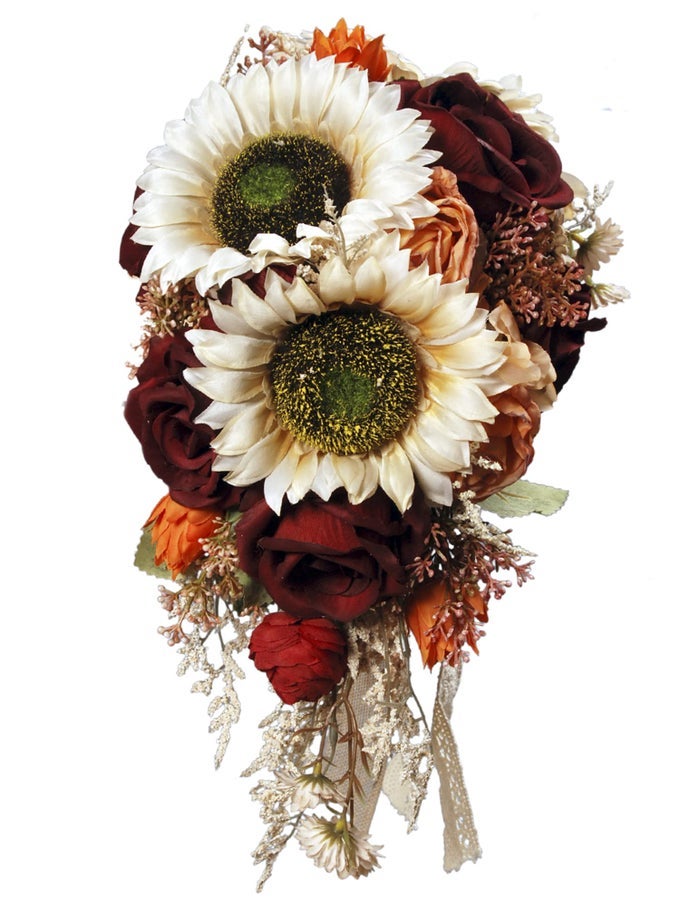 98 INCH VINTAGE SUNFLOWER WEDDING BOUQUETS FOR BRIDE ARTIFICIAL BURGUNDY CASCADING BRIDAL FLOWER BURNT ORANGE RUSTIC TOSS ROSE FOR CIVIL CEREMONY