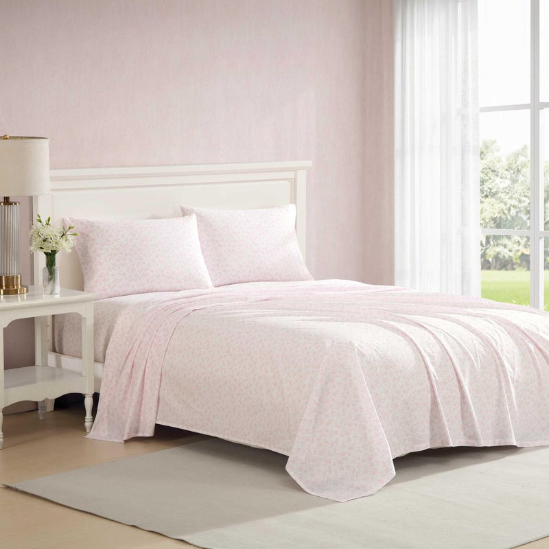 Laura Ashley - King Bed Sheets, Crisp & Cool Cotton Percale Bedding with Matching Pillowcases, Lightweight Bed Set, Oeko-Tex Certified (Floral Toile Pink) - Image 1