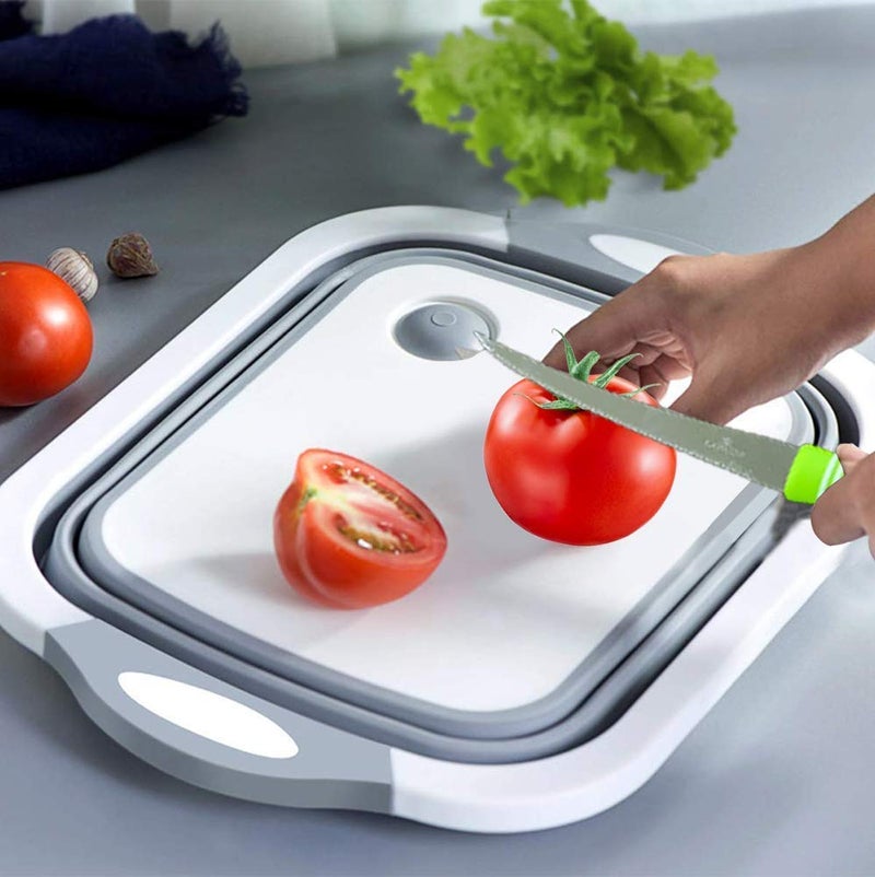 MIRARIYA Collapsible Kitchen Cutting Chopping Board Dish Sink Tub Storage Basket with Draining Plug Folding Cutting Board Washing Bowl Fruit Vegetable Basket Vegetable Chopping Board 1 pcs Gray - Image 1