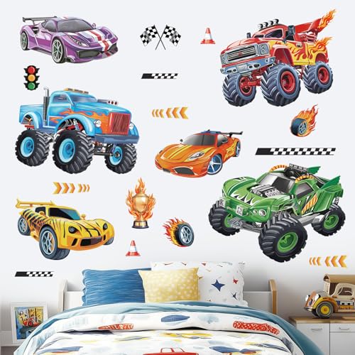wondever Racing Car Wall Stickers Trucks Vehicles Roads Peel and Stick Wall Art Decals for Kids Bedroom Boys Room Playroom - Image 3