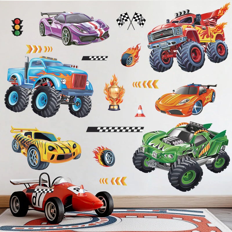 wondever Racing Car Wall Stickers Trucks Vehicles Roads Peel and Stick Wall Art Decals for Kids Bedroom Boys Room Playroom - Image 2