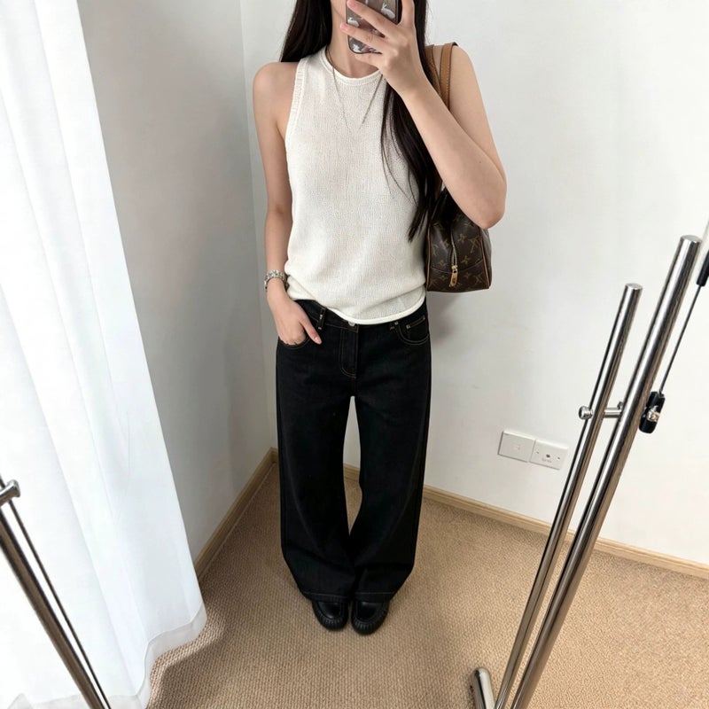 Women's Linen Yarn Knit Camisole - Loose Fit Crew Neck (White/Black) - Image 1