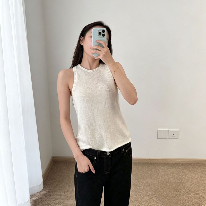 Women's Linen Yarn Knit Camisole - Loose Fit Crew Neck (White/Black) - Image 3
