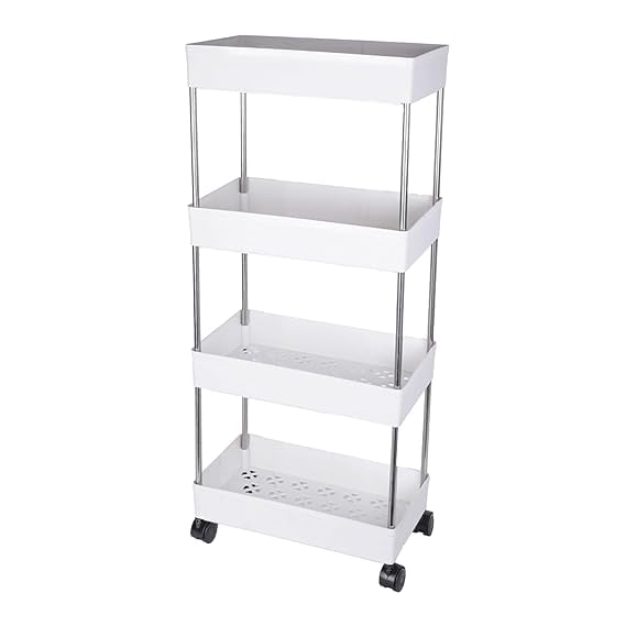 Leaffybezz 4 Layer Multipurpose Kitchen Trolley with Wheels, Space Saving Home Storage Organizer Rack Vegetable Trolley Rack Stand for Living Room, Bedroom, Office (White) - Image 4