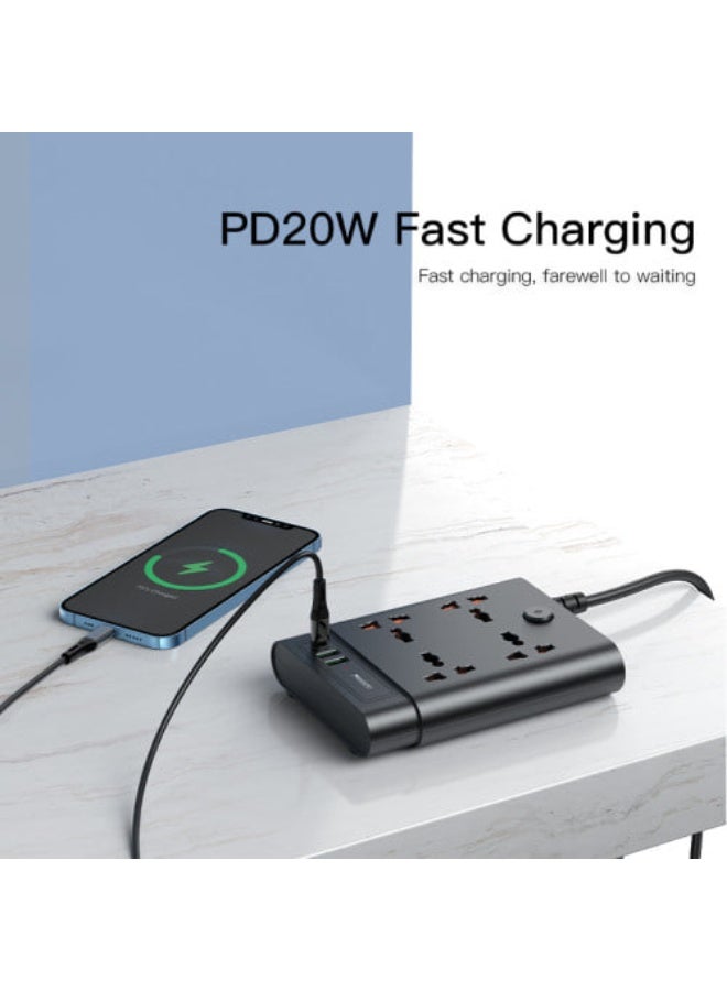 Yesido MC-11 4 Plugs + PD 20W+2 QC3.0 Ports 2650W Multi-functional High Power Socket, 2 USB QC 3.0 Max 18W Port, 1Type-C Max20W Port, 4 Universal Ports Extending - Image 4