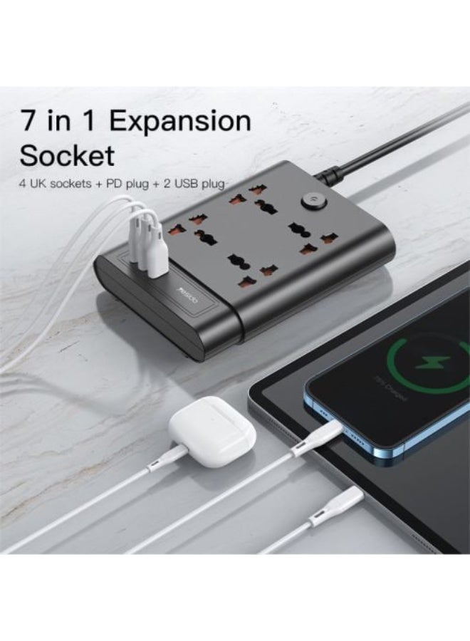 Yesido MC-11 4 Plugs + PD 20W+2 QC3.0 Ports 2650W Multi-functional High Power Socket, 2 USB QC 3.0 Max 18W Port, 1Type-C Max20W Port, 4 Universal Ports Extending - Image 5