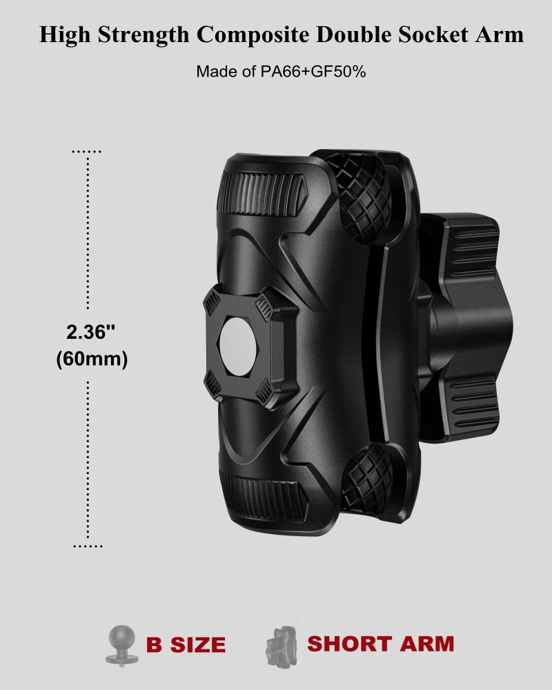 BRCOVAN Double Socket Arm High Strength Composite Short Arm Compatible with RAM Mounts B Size 1'' Ball Components & Bike Motorcycle Phone Mount Holder with 1'' Ball Adapter - Image 2