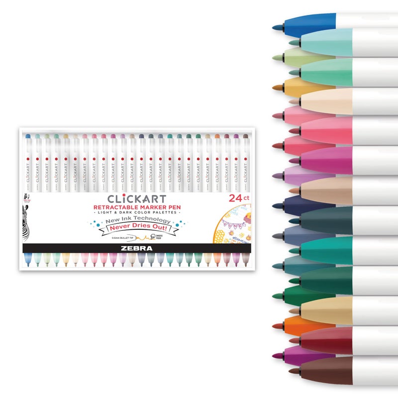 Zebra Pen CLiCKART Retractable Felt Tip Pen, Assorted Ink Colors, 0.6mm Fine Point, Moisture Absorbing to Prevent Drying Out, No Bleed, Ideal for Journaling, Drawing and Writing, 24-Pack (69824) - Image 1