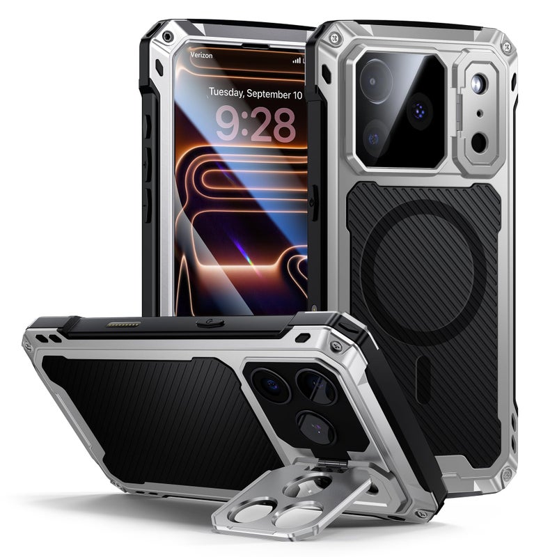 Lanhiem for iPhone 17 Pro Max Metal Case with Kickstand, Compatible with MagSafe, Built in Tempered Glass Screen Protector, Heavy Duty Shockproof Rugged Full Body Tough Phone Cover 6.9" (Silver) - Image 1