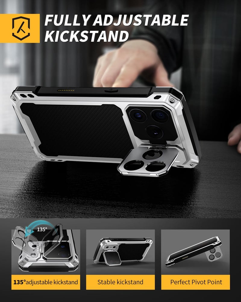 Lanhiem for iPhone 17 Pro Max Metal Case with Kickstand, Compatible with MagSafe, Built in Tempered Glass Screen Protector, Heavy Duty Shockproof Rugged Full Body Tough Phone Cover 6.9" (Silver) - Image 4