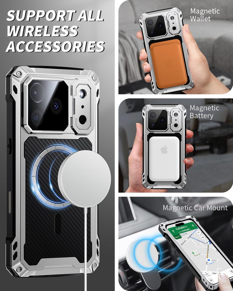 Lanhiem for iPhone 17 Pro Max Metal Case with Kickstand, Compatible with MagSafe, Built in Tempered Glass Screen Protector, Heavy Duty Shockproof Rugged Full Body Tough Phone Cover 6.9" (Silver) - Image 5