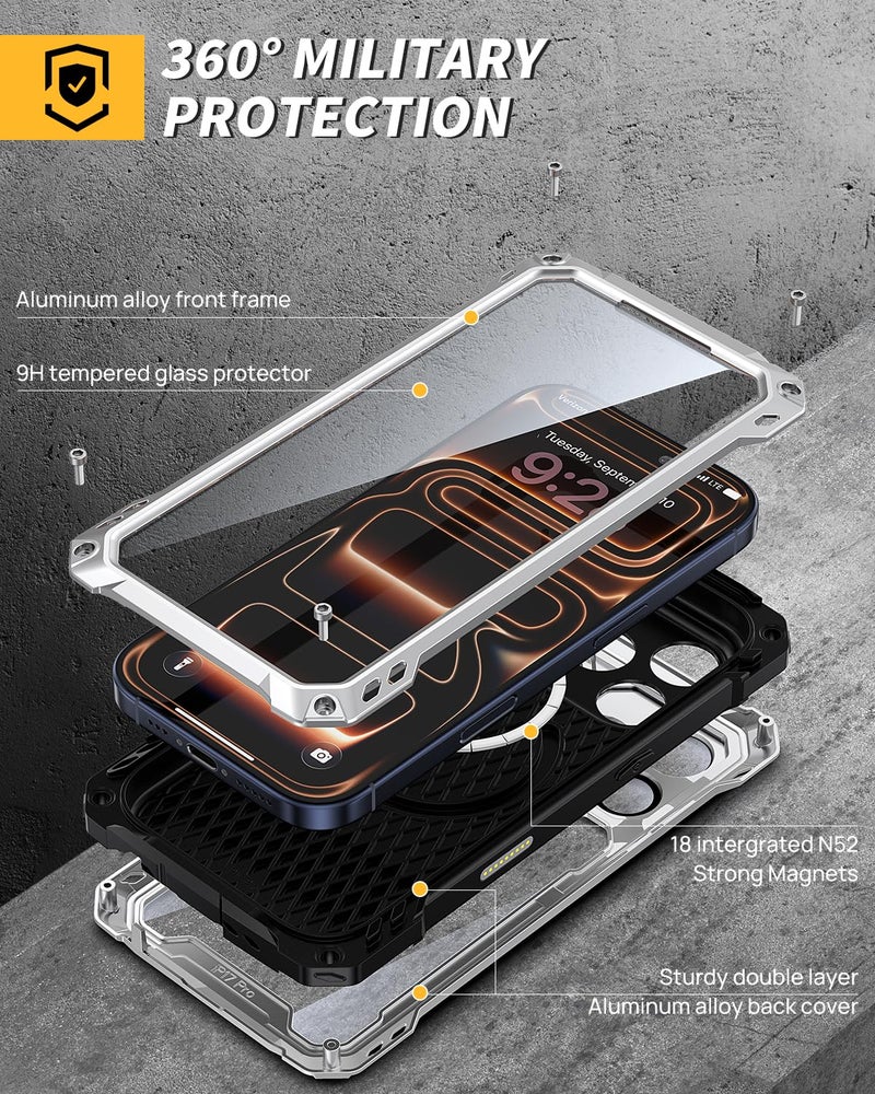 Lanhiem for iPhone 17 Pro Max Metal Case with Kickstand, Compatible with MagSafe, Built in Tempered Glass Screen Protector, Heavy Duty Shockproof Rugged Full Body Tough Phone Cover 6.9" (Silver) - Image 2
